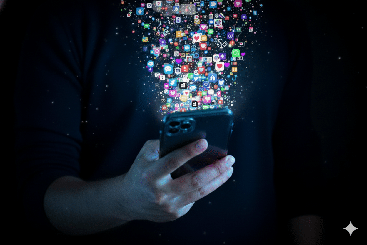 A person holding a smartphone with a stream of colorful app icons spilling upward, illustrating digital overload and how constant “scrolling kills” attention and mental clarity.